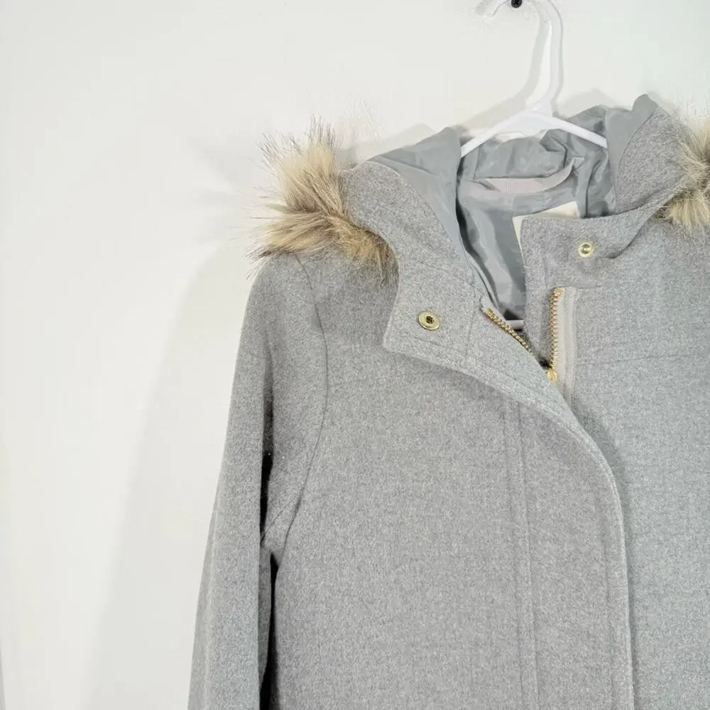 J. Crew Gray Wool Blend Faux Fur Trim Hooded Parka Coat Size 0